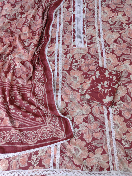 JAIPURI PRINTED CROCHET NECK WORK SUITS WITH MULMUL DUPATTA