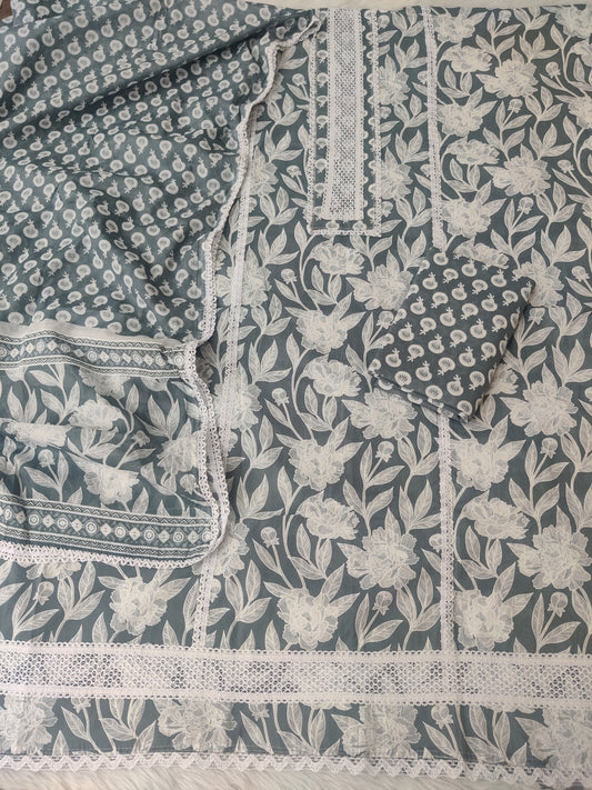 JAIPURI PRINTED CROCHET NECK WORK SUITS WITH MULMUL DUPATTA