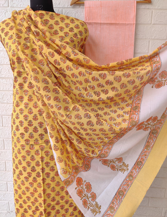 Hand Block Printed Cotton Suit With Mulmul Cotton Dupatta
