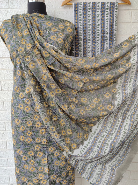 Hand Block Printed Cotton Suit With Mulmul Cotton Dupatta