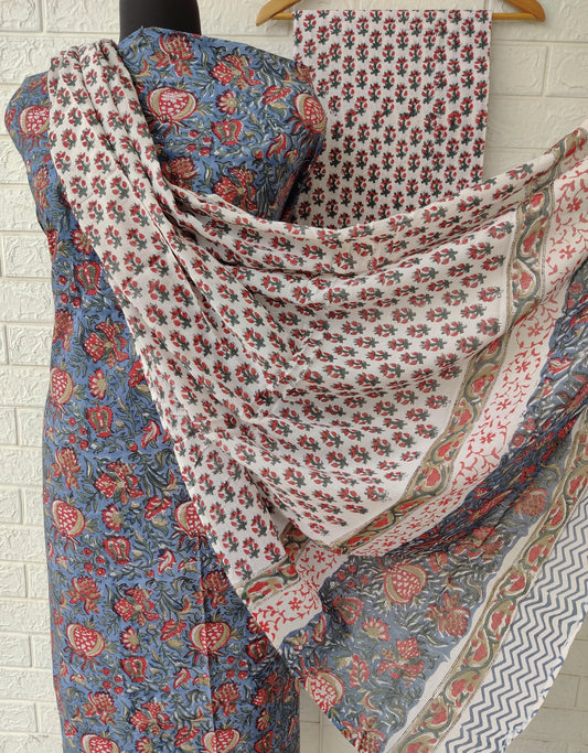 Hand Block Printed Cotton Suit With Mulmul Cotton Dupatta