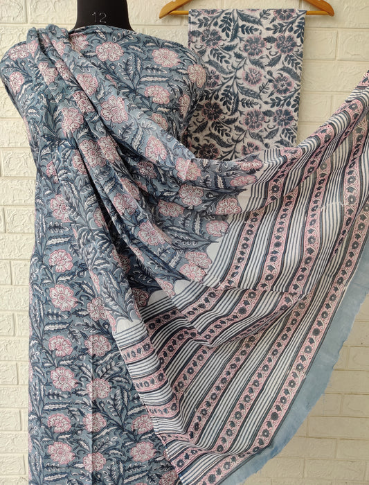 Hand Block Printed Cotton Suit With Mulmul Cotton Dupatta