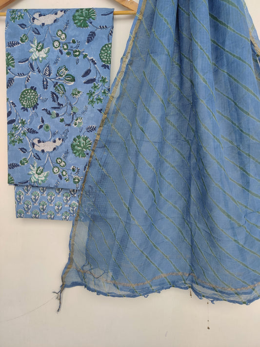 BLOCK PRINTED COTTON SUIT WITH LEHRIYA KOTA DORIA DUPATTA