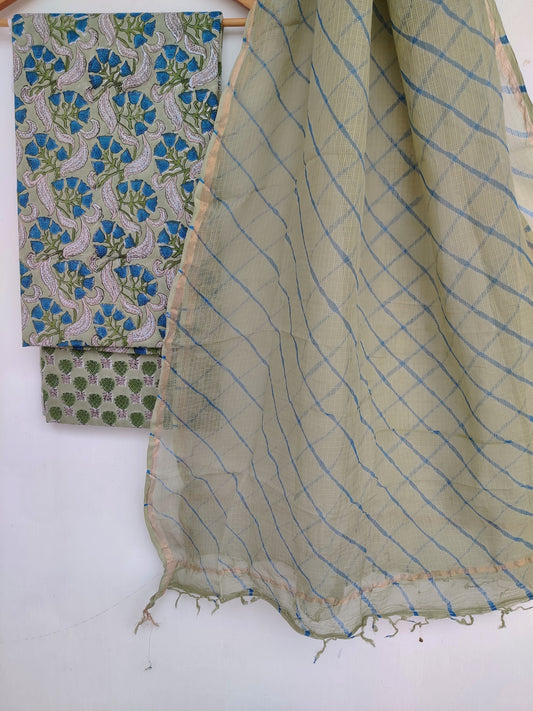 BLOCK PRINTED COTTON SUIT WITH LEHRIYA KOTA DORIA DUPATTA