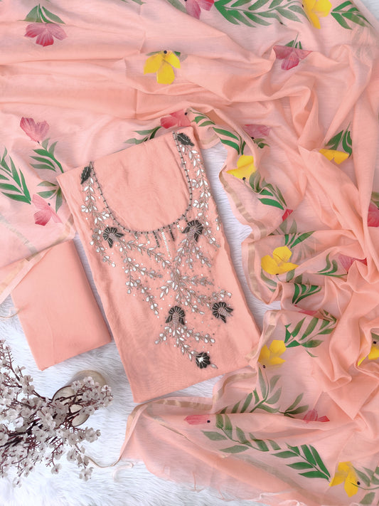 COTTON CHANDERI GOTA PATTI SUIT WITH BRUSH PAINTED COTTON CHANDERI DUPATTA