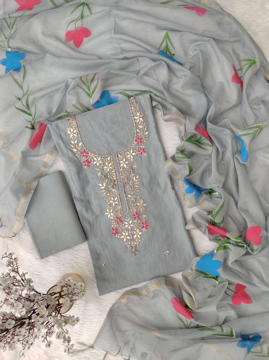 COTTON CHANDERI GOTA PATTI SUIT WITH BRUSH PAINTED COTTON CHANDERI DUPATTA