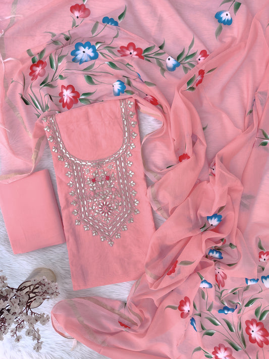 COTTON CHANDERI GOTA PATTI SUIT WITH BRUSH PAINTED COTTON CHANDERI DUPATTA