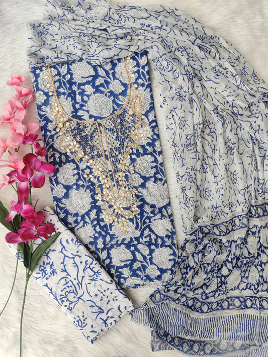 FLORAL PRINTED COTTON GOTA PATTI SUIT WITH CHIFFON DUPATTA