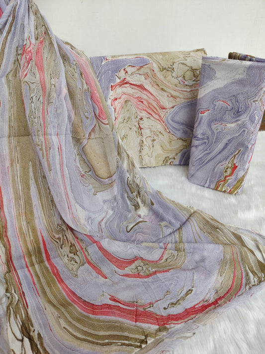 (MARBLE) HAND BLOCK PRINTED COTTON SUIT WITH PURE CHIFFON DUPATTA