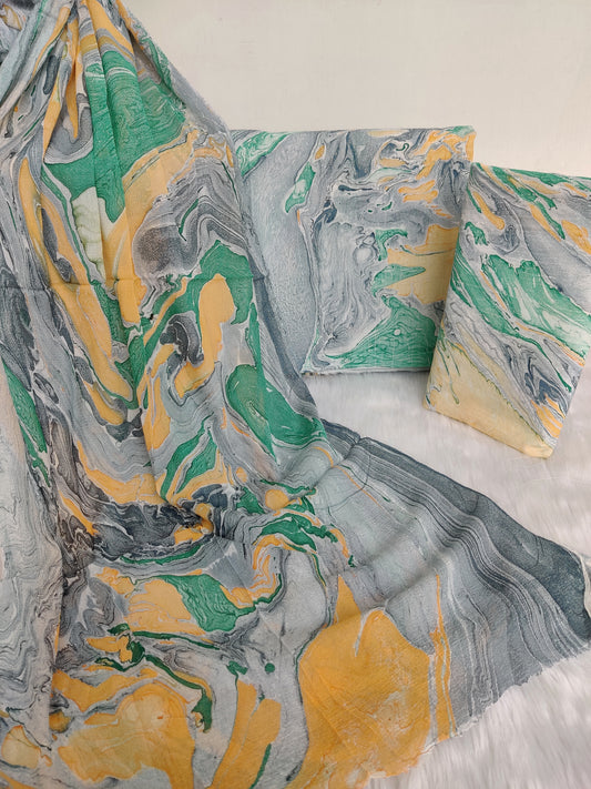 (MARBLE) HAND BLOCK PRINTED COTTON SUIT WITH PURE CHIFFON DUPATTA