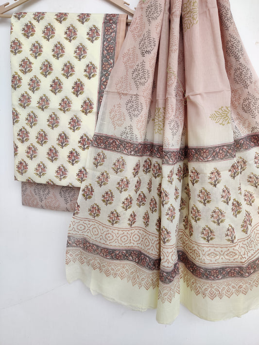 Hand Block Printed Unstitched Cotton Suit with Mulmul Dupatta