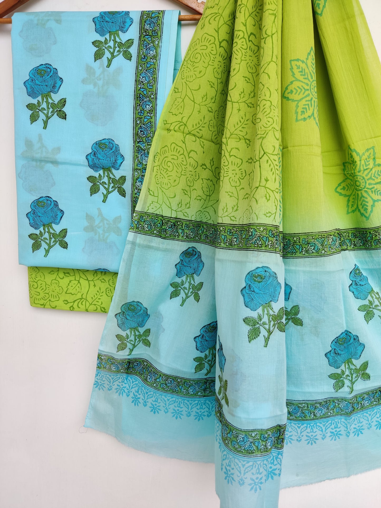 Hand Block Printed Unstitched Cotton Suit with Mulmul Dupatta