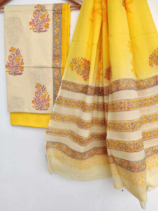 Hand Block Printed Unstitched Cotton Suit with Mulmul Dupatta