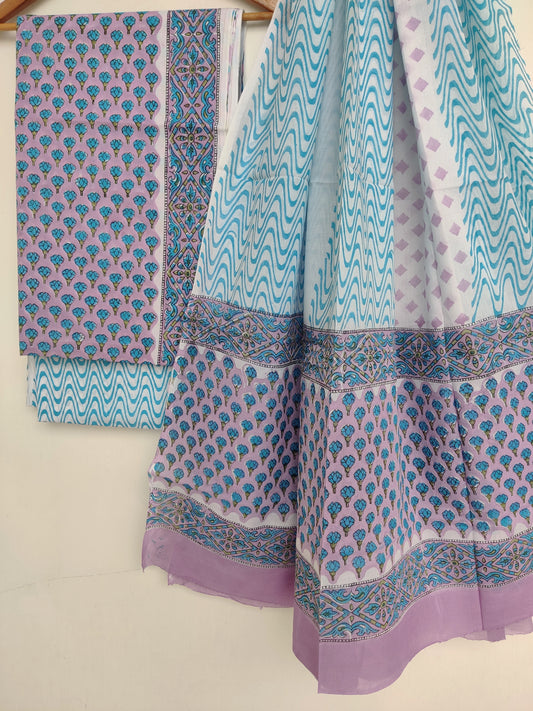 Hand Block Printed Unstitched Cotton Suit with Mulmul Dupatta