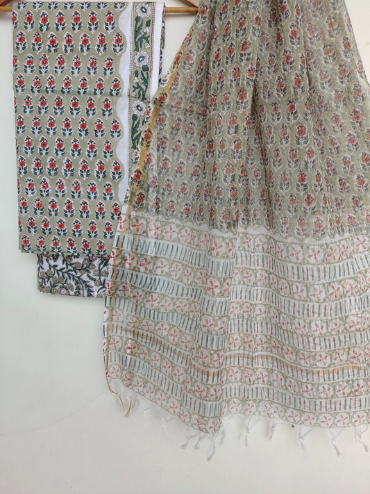 Hand Block Printed Cotton Suit with Cotton Kota Doria dupatta