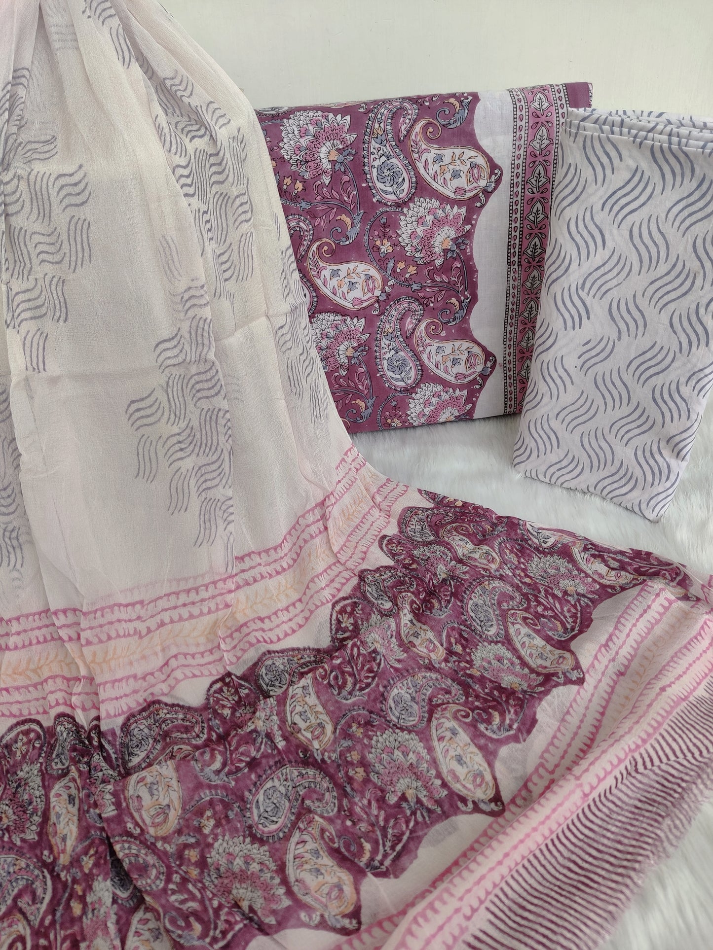 HAND BLOCK PRINTED COTTON SUIT WITH PURE CHIFFON DUPATTA