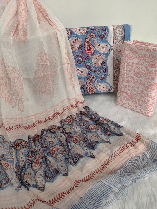 HAND BLOCK PRINTED COTTON SUIT WITH PURE CHIFFON DUPATTA