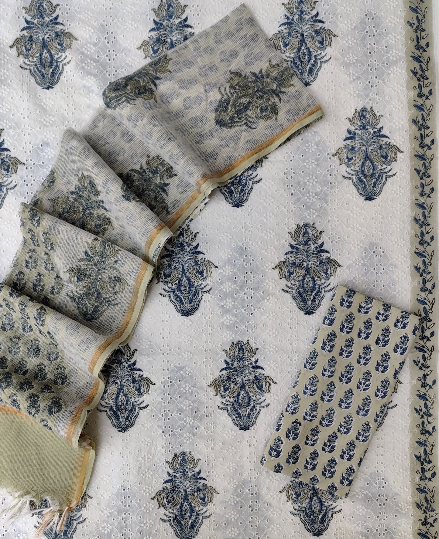 Block Printed Cotton Schiffli Suit with Kota Doria Dupatta