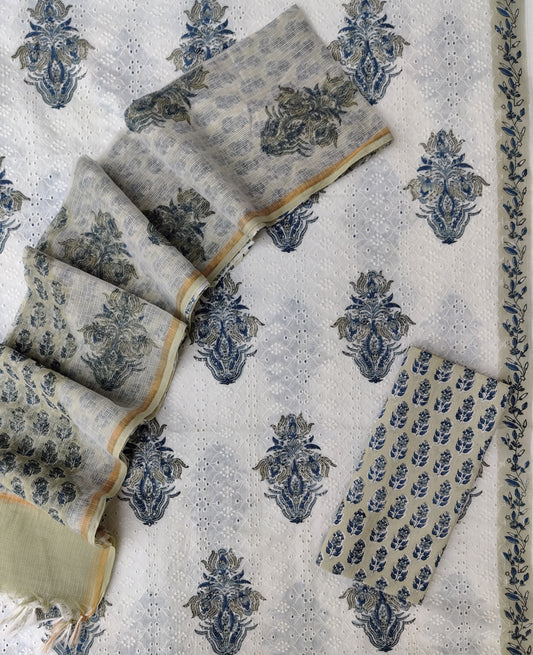 Block Printed Cotton Schiffli Suit with Kota Doria Dupatta