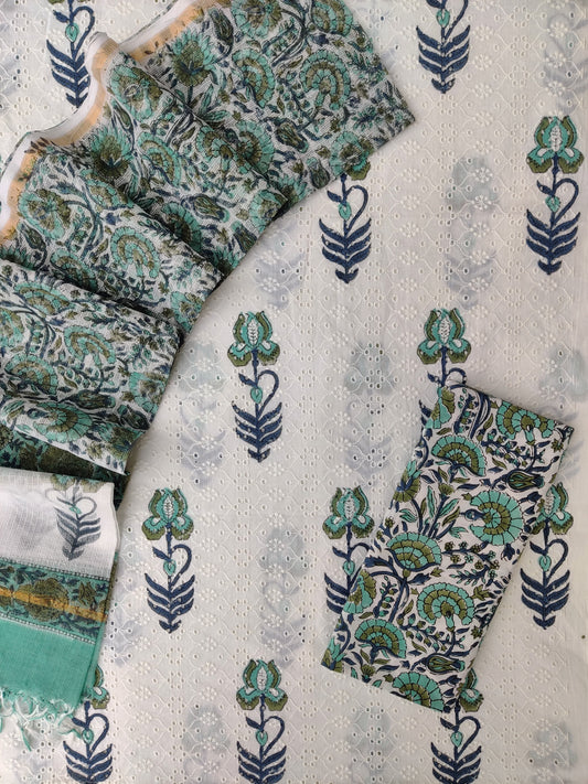 Hand Block Printed Cotton Schiffli Suit with Kota Doria Dupatta