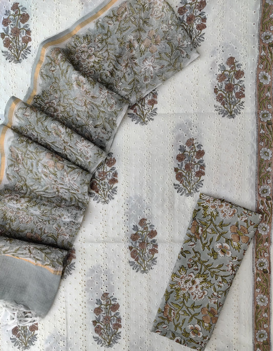 Hand Block Printed Cotton Schiffli Suit with Kota Doria Dupatta