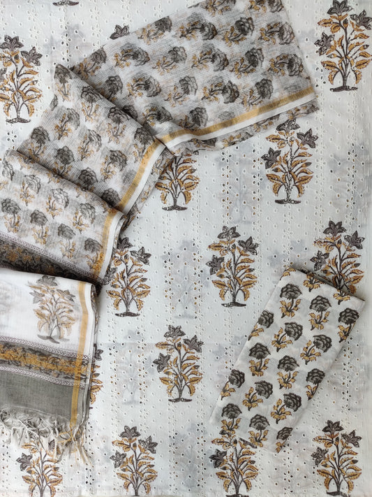Hand Block Printed Cotton Schiffli Suit with Kota Doria Dupatta