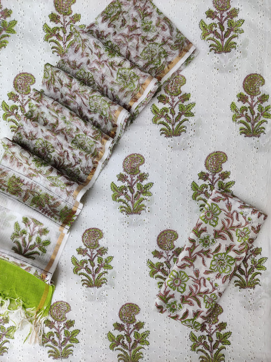 Hand Block Printed Cotton Schiffli Suit with Kota Doria Dupatta