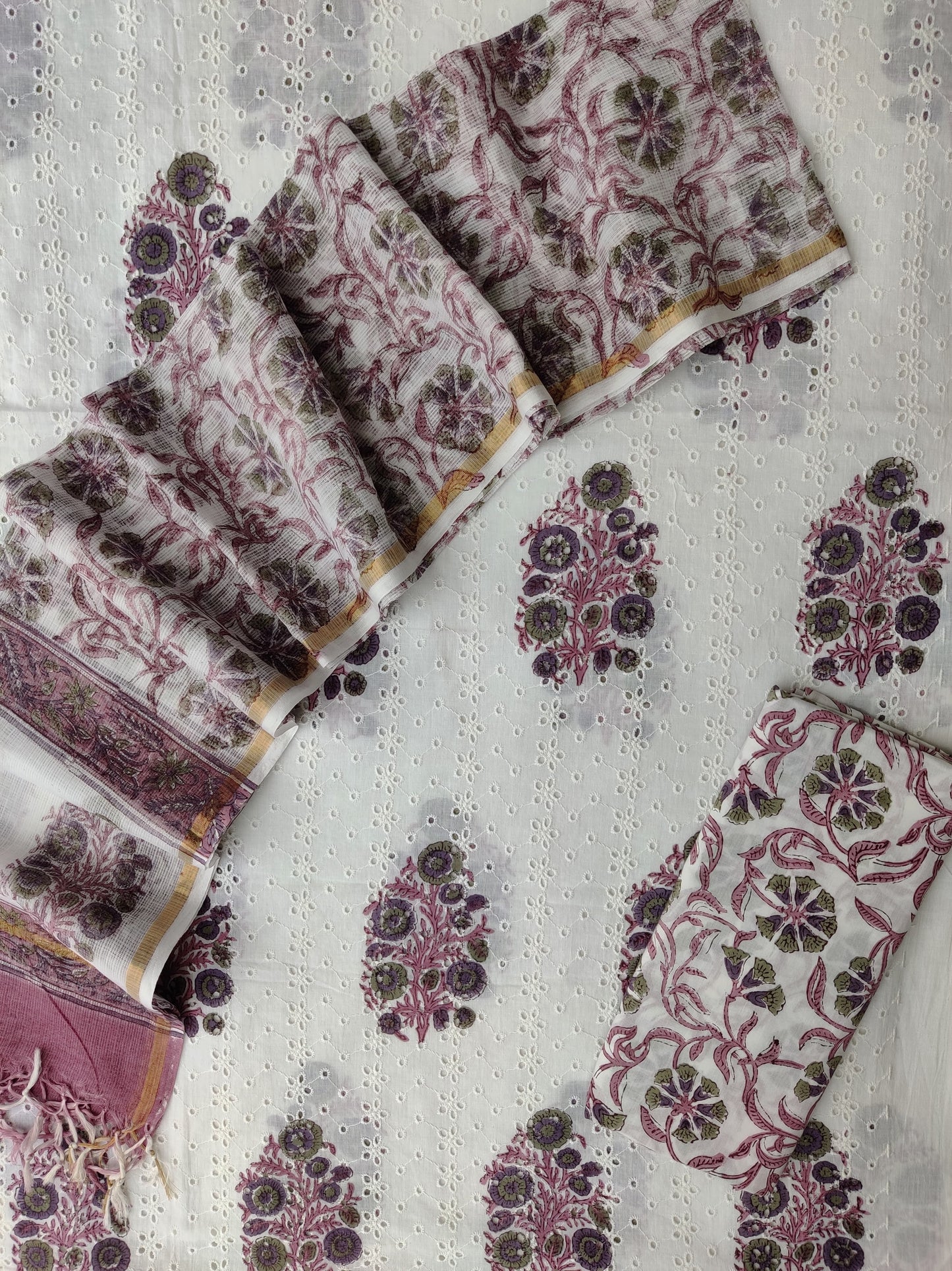 Hand Block Printed Cotton Schiffli Suit with Kota Doria Dupatta