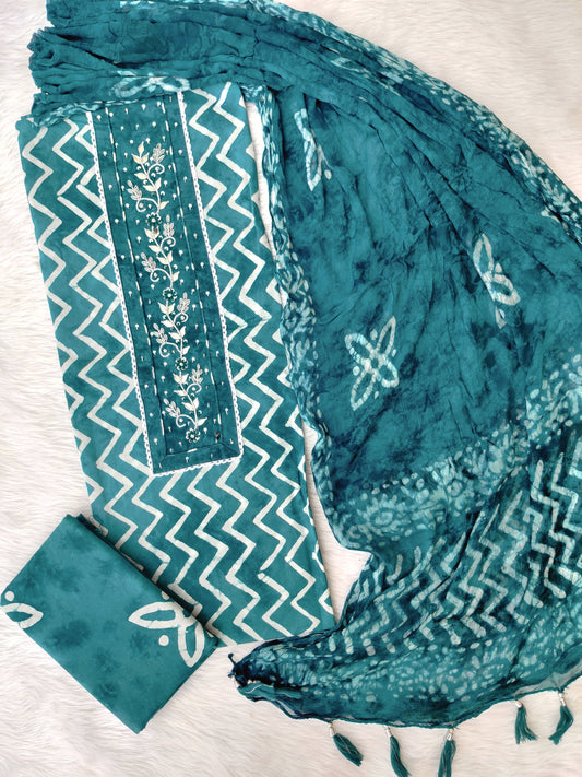 NEW LAUNCH            Exclusive Unstitched Cotton Neck Work Suits with Chiffon Dupatta