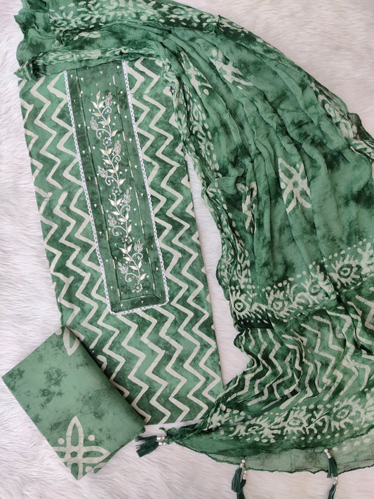 NEW LAUNCH            Exclusive Unstitched Cotton Neck Work Suits with Chiffon Dupatta