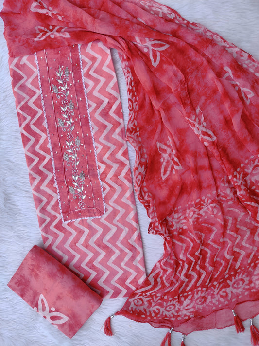 NEW LAUNCH            Exclusive Unstitched Cotton Neck Work Suits with Chiffon Dupatta