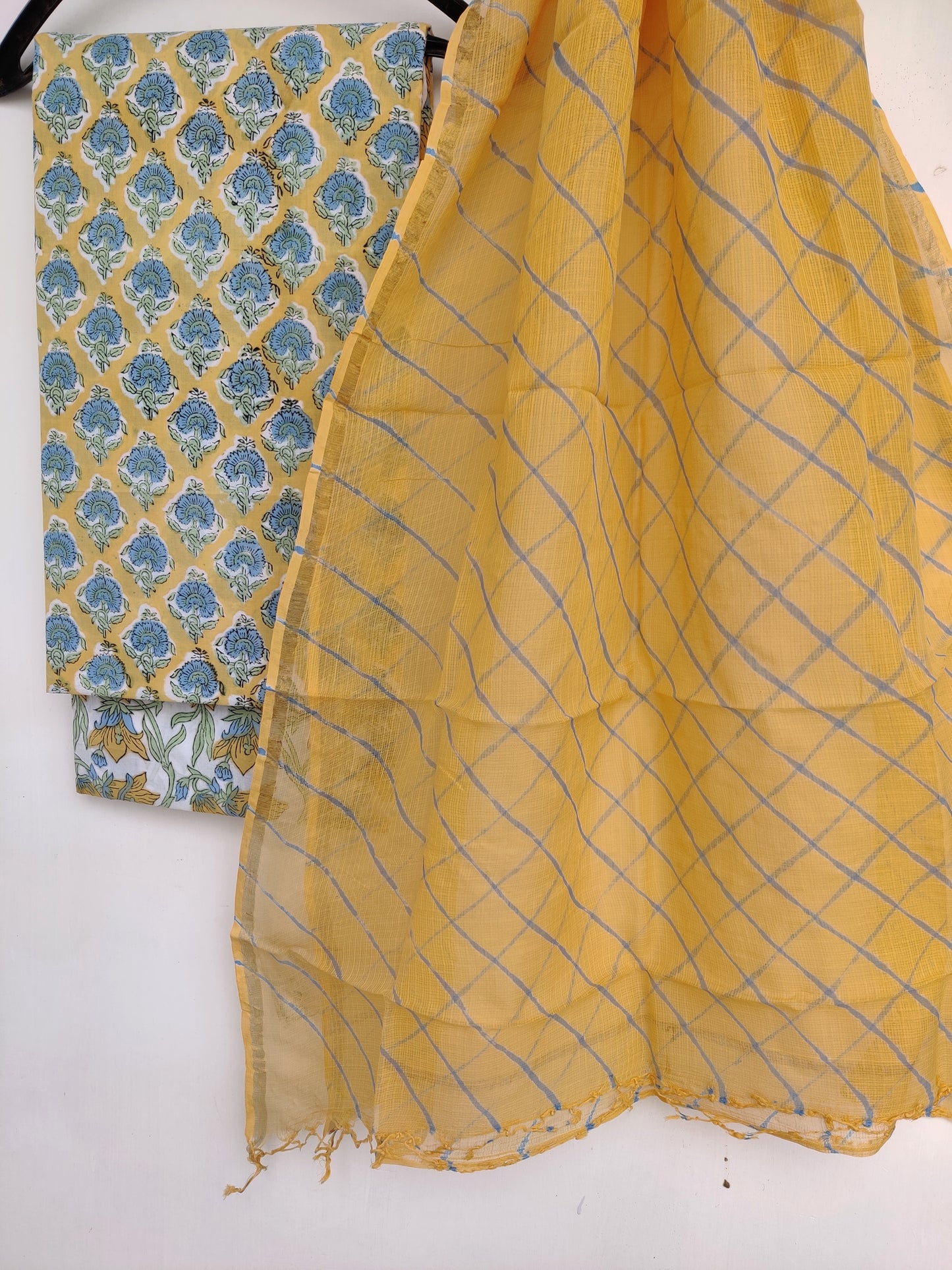 BLOCK PRINTED COTTON SUIT WITH LEHRIYA KOTA DORIA DUPATTA