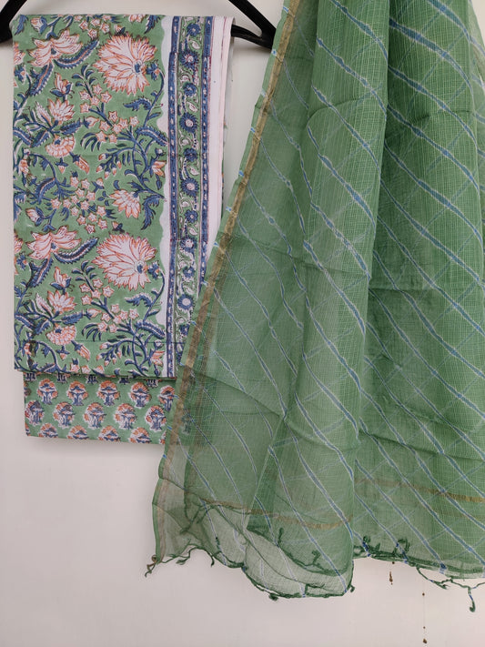 BLOCK PRINTED COTTON SUIT WITH LEHRIYA KOTA DORIA DUPATTA