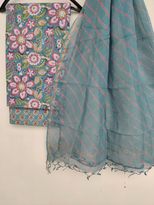 BLOCK PRINTED COTTON SUIT WITH LEHRIYA KOTA DORIA DUPATTA