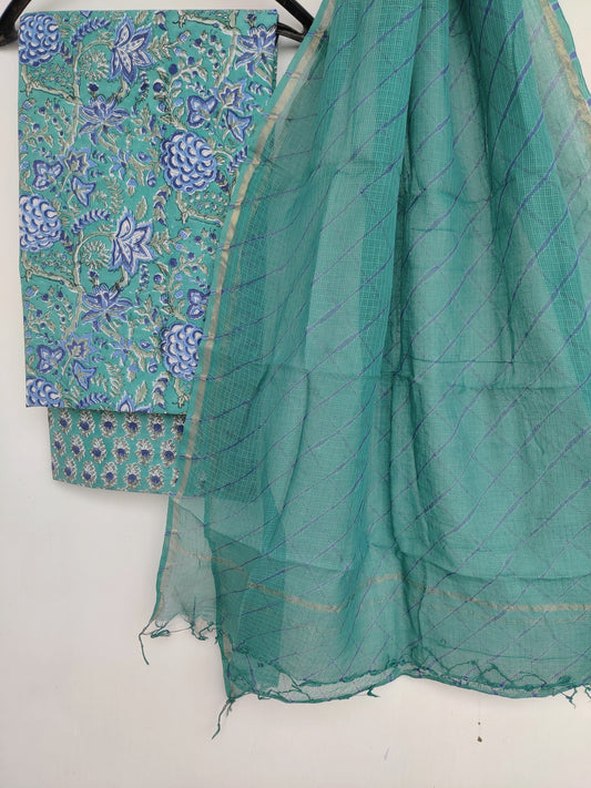 BLOCK PRINTED COTTON SUIT WITH LEHRIYA KOTA DORIA DUPATTA