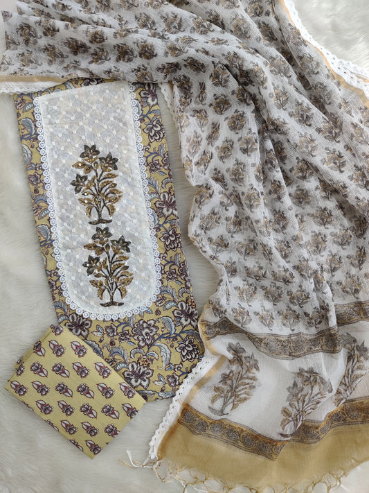 HANDBLOCK PRINTED BOOTA PRINT WORK SUITS WITH KOTA DORIA DUPATTA
