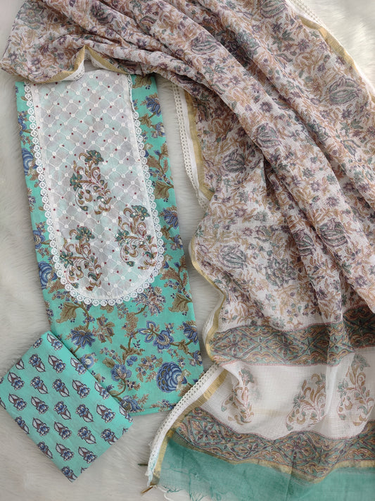 HANDBLOCK PRINTED BOOTA PRINT WORK SUITS WITH KOTA DORIA DUPATTA