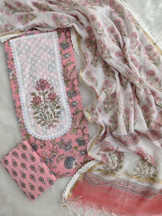 HANDBLOCK PRINTED BOOTA PRINT WORK SUITS WITH KOTA DORIA DUPATTA