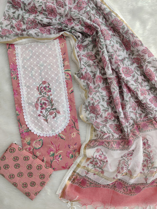 HANDBLOCK PRINTED BOOTA PRINT WORK SUITS WITH KOTA DORIA DUPATTA