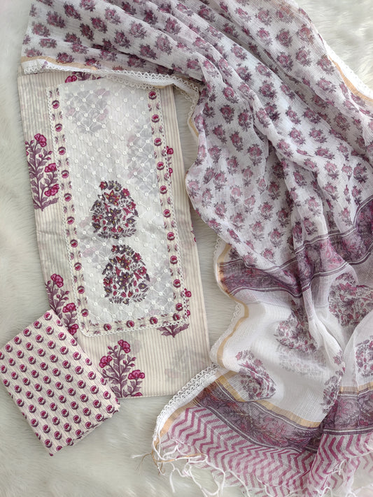 HANDBLOCK PRINTED BOOTA PRINT WORK SUITS WITH KOTA DORIA DUPATTA