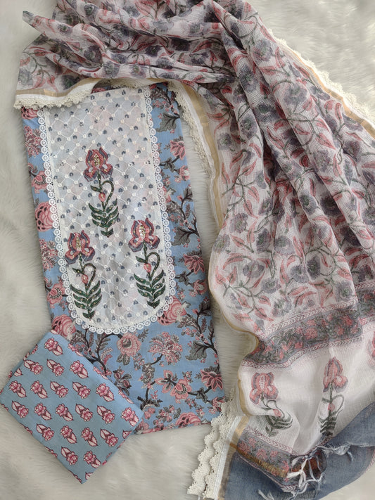 HANDBLOCK PRINTED BOOTA PRINT WORK SUITS WITH KOTA DORIA DUPATTA