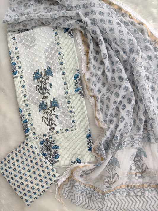 HANDBLOCK PRINTED BOOTA PRINT WORK SUITS WITH KOTA DORIA DUPATTA