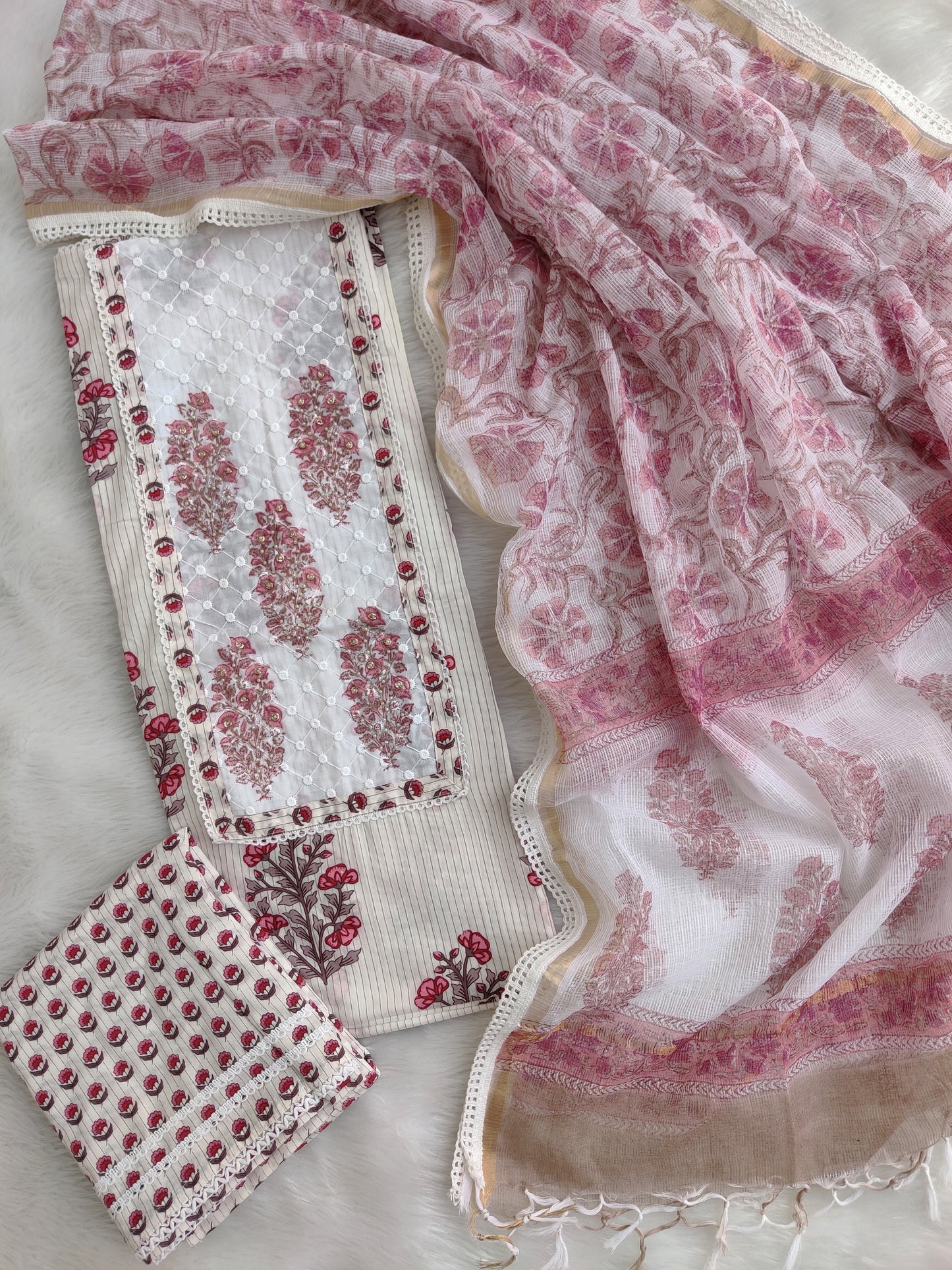 HANDBLOCK PRINTED BOOTA PRINT WORK SUITS WITH KOTA DORIA DUPATTA