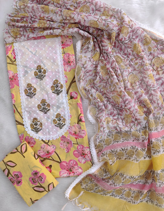 HANDBLOCK PRINTED BOOTA PRINT WORK SUITS WITH KOTA DORIA DUPATTA