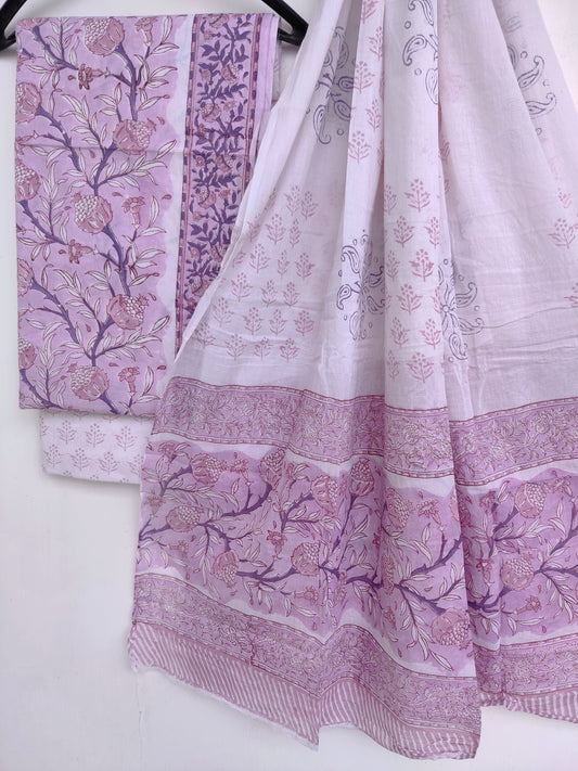 Hand Block Printed Unstitched Cotton Suit with Mulmul Dupatta