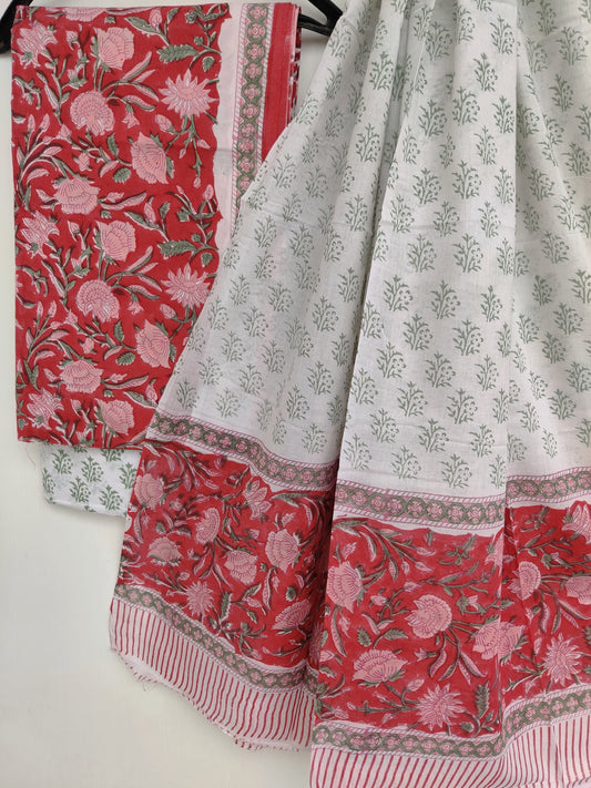 Hand Block Printed Unstitched Cotton Suit with Mulmul Dupatta