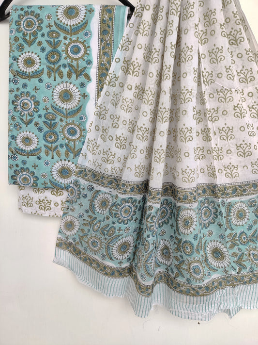 Hand Block Printed Unstitched Cotton Suit with Mulmul Dupatta