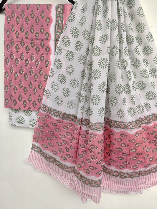 Hand Block Printed Unstitched Cotton Suit with Mulmul Dupatta