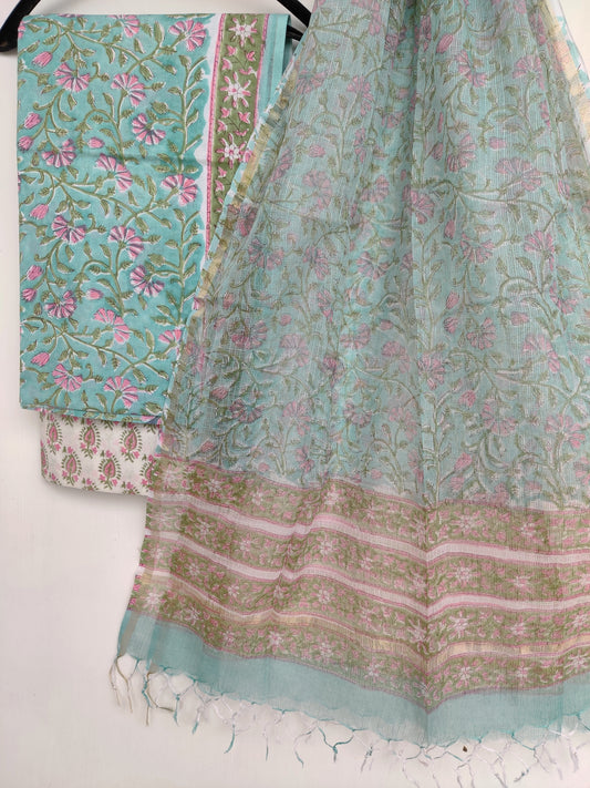 Hand Block Printed Cotton Suit with Cotton Kota Doria dupatta