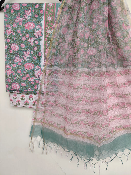 Hand Block Printed Cotton Suit with Cotton Kota Doria dupatta